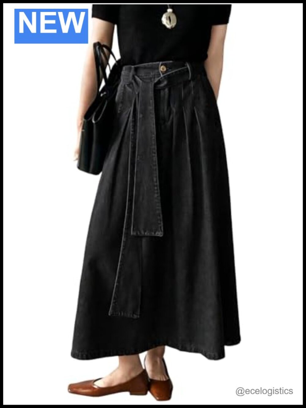 Pleated Denim Maxi Skirt High Waist A-Line with Belt and Pockets